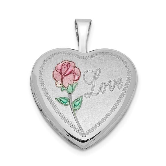 Sterling Silver and Enamel 16mm Love Rose Heart Locket - Picture 1 of 6